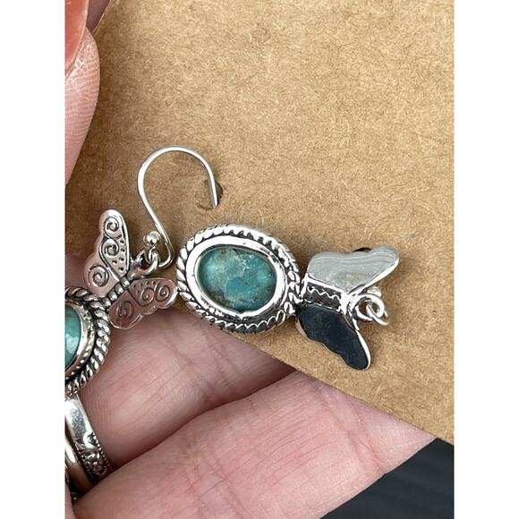 Sterling Silver Turquoise Butterfly Dangle Earrings Native Southwest Style - Picture 6 of 7